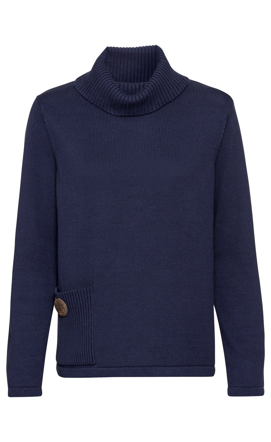 dunkelblauer Baumwoll-Pullover mit langen Ärmeln, geripptem Rollkragen, seitlicher Rippentasche mit großem Knopf, schlichter, feiner Strickstruktur, gerade geschnitten