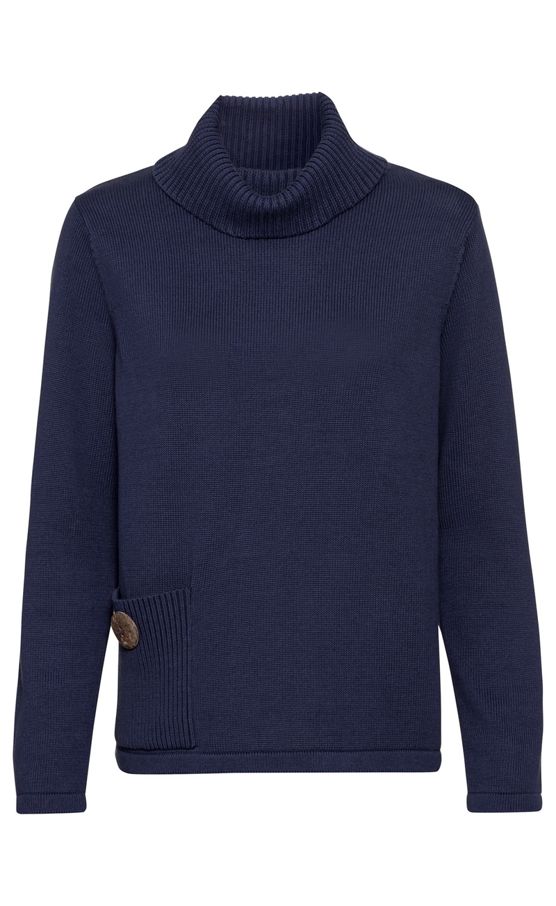 dunkelblauer Baumwoll-Pullover mit langen Ärmeln, geripptem Rollkragen, seitlicher Rippentasche mit großem Knopf, schlichter, feiner Strickstruktur, gerade geschnitten