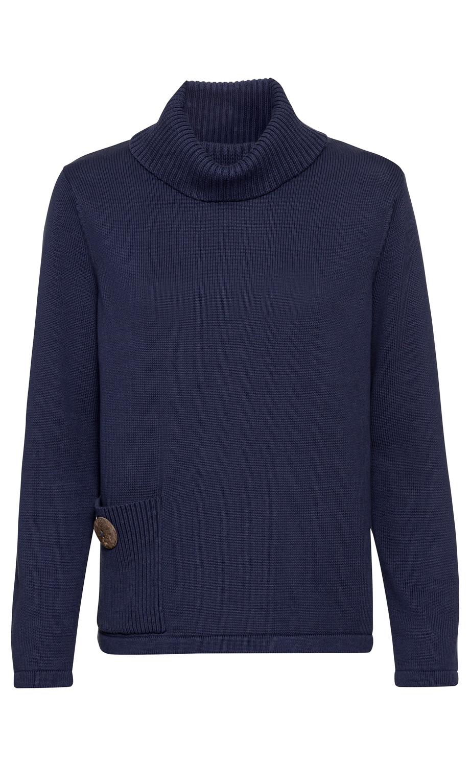 dunkelblauer Baumwoll-Pullover mit langen Ärmeln, geripptem Rollkragen, seitlicher Rippentasche mit großem Knopf, schlichter, feiner Strickstruktur, gerade geschnitten