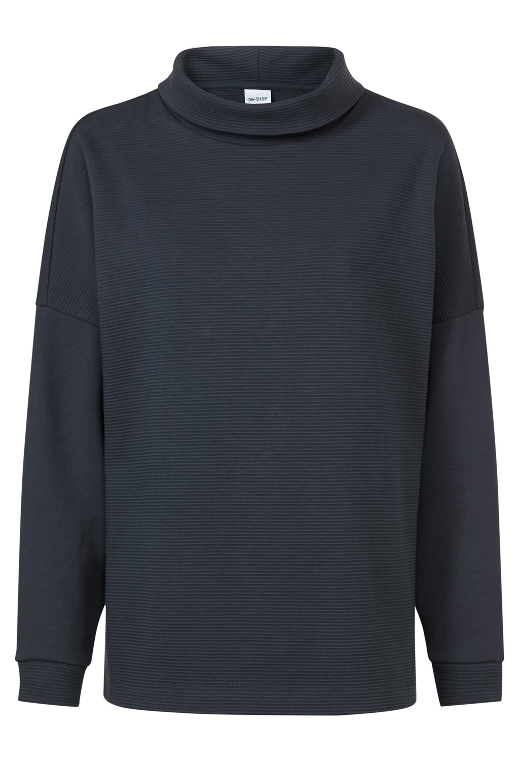 dunkelgraues Baumwoll-Shirt mit feiner Rippenstruktur, langärmlig, weiter Stehkragen und lockerer Passform