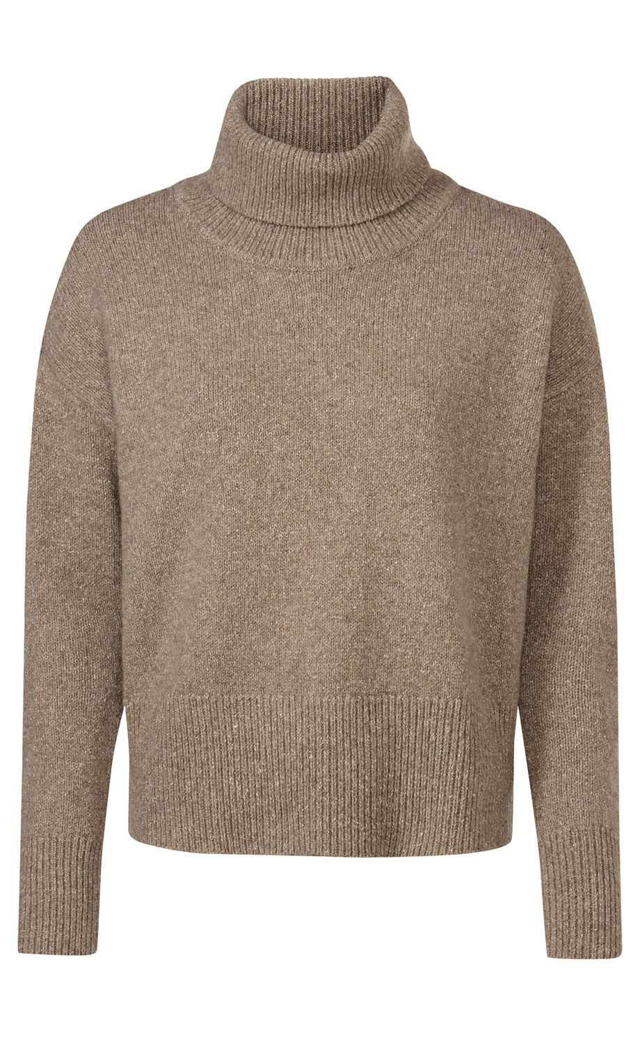 Woll-Mix-Pullover in beigem Braun, mit weitem Rollkragen, langärmlig, gerader Schnitt, gerippte Bündchen an Ärmeln und Saum, weiche Strickstruktur, schlicht und warm