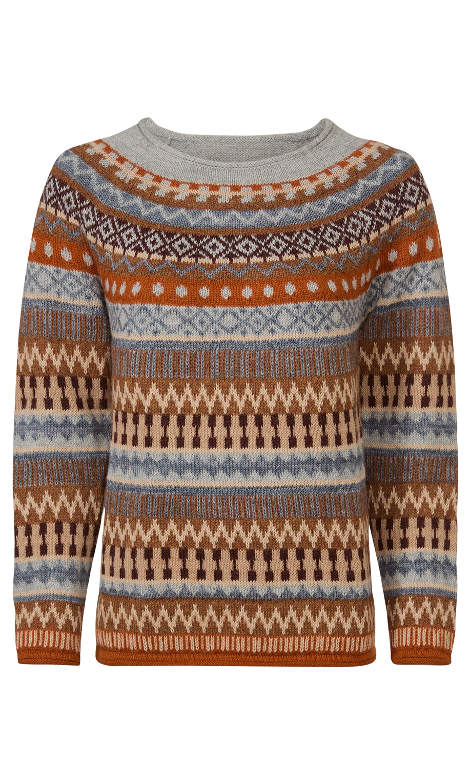 Alpaka-Pullover mit Rundhalsausschnitt, mehrfarbigem Norweger-Muster in Orange, Braun, Blau und Beige, lange Ärmel, gerippte Bündchen, warmer, weicher Strick für kalte Tage