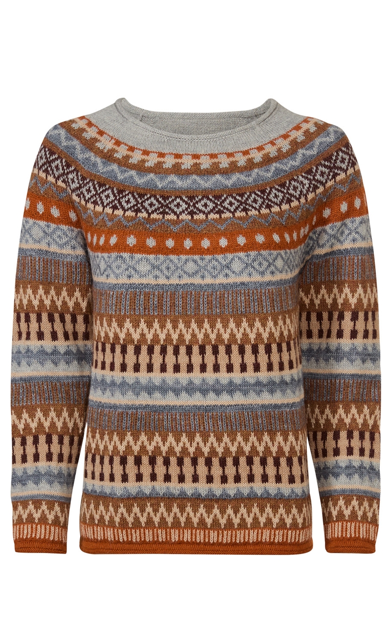 Alpaka-Pullover mit Rundhalsausschnitt, mehrfarbigem Norweger-Muster in Orange, Braun, Blau und Beige, lange Ärmel, gerippte Bündchen, warmer, weicher Strick für kalte Tage