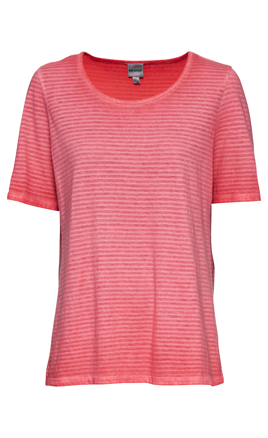 Baumwoll-Mix-Shirt in Rosa mit kurzen Ärmeln und feinen horizontalen Streifen, Rundhalsausschnitt, locker sitzend, schlichtes Damen-T-Shirt