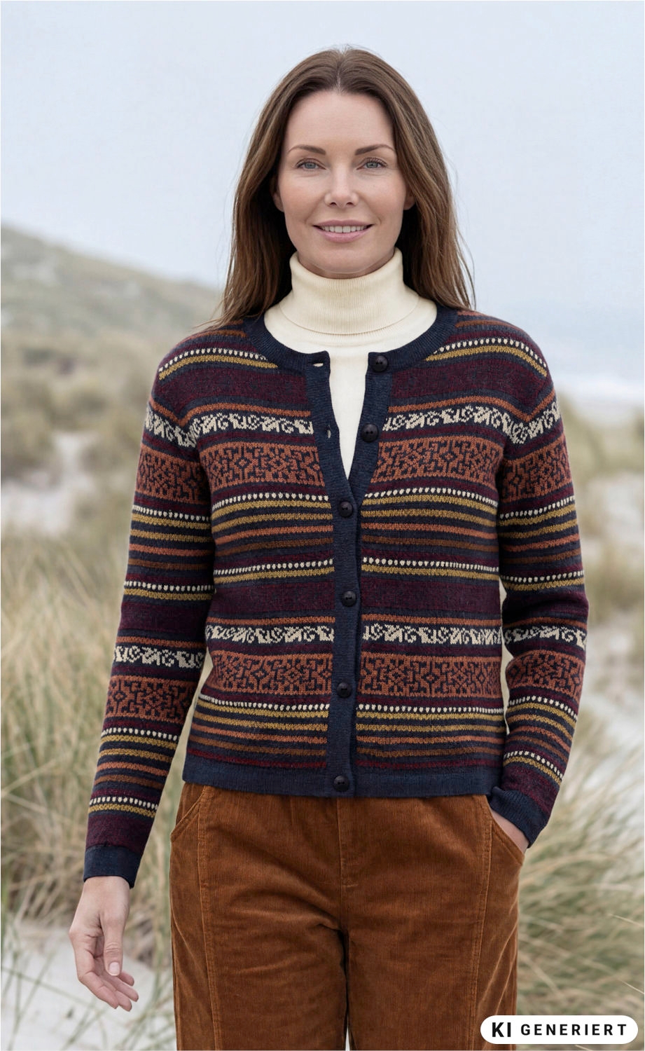 Frau im Freien trägt bunt gemusterte Alpaka-Strickjacke mit Knöpfen, kombiniert mit cremefarbenem Rollkragenpullover und braunen Cordhosen, vor natürlichem Hintergrund mit Gras und Dünen.