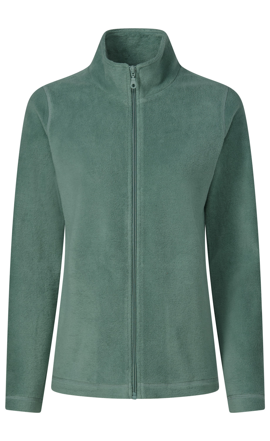 grüne Fleecejacke mit Stehkragen und durchgehendem Reißverschluss, lange Ärmel, schlichte kuschelige Struktur, taillierte Passform, Vorderansicht auf weißem Hintergrund