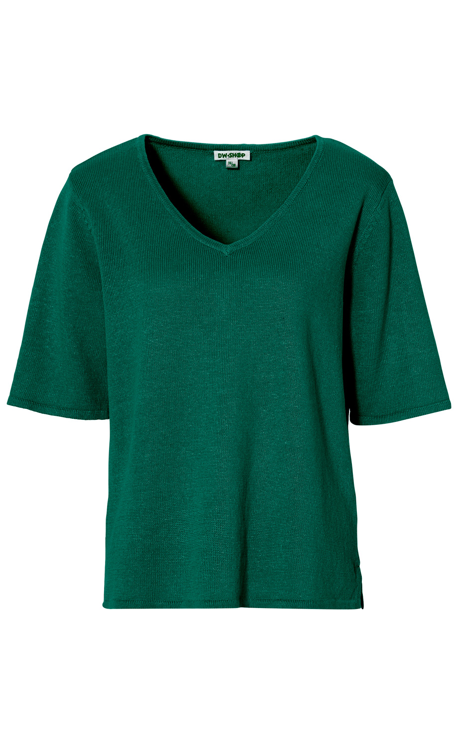 Leinen-Mix-Pullover in dunkelgrün, kurzarm, V-Ausschnitt, gerader Schnitt, leicht strukturierte Strickoptik, geeignet für legere und sommerliche Outfits