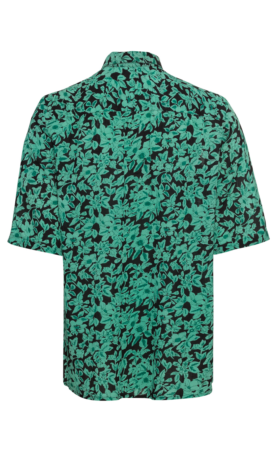 Rückansicht einer kurzärmligen Viskose-Mix-Bluse mit dunkelgrünem Grund und leuchtend türkisem, floralem Muster, mit Hemdkragen und lockerer Passform.
