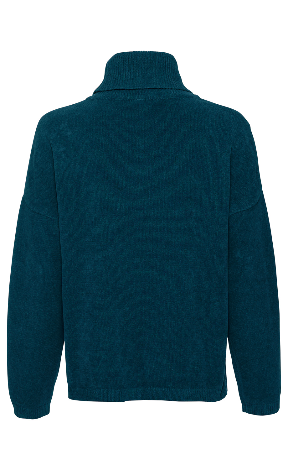 Baumwoll-Pullover in Dunkelblau, Rückansicht, mit umgeschlagenem Stehkragen, langen Ärmeln, gerippten Bündchen an Ärmeln und Saum, locker geschnitten