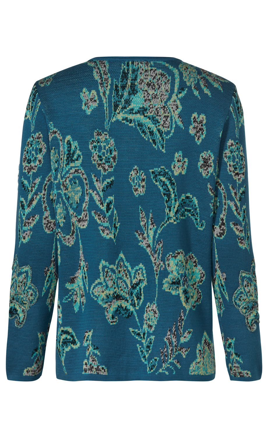 Baumwoll-Strickjacke in Petrol mit floralem Muster in Türkis, Hellgrün und Grau, Rückansicht, lange Ärmel, gerade geschnitten, feiner Strick, locker fallend