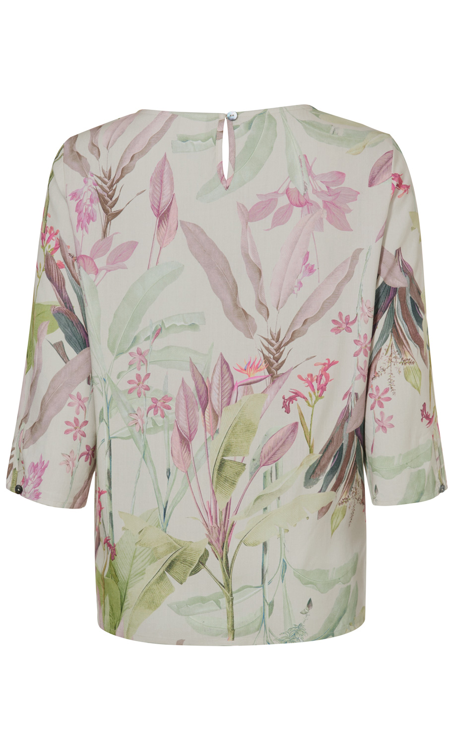 Rückansicht einer Viskose-Bluse mit 3/4-Ärmeln, beige Grundfarbe und floralem Muster in Pastellfarben, mit Schlitz und Knopfverschluss am Nacken.