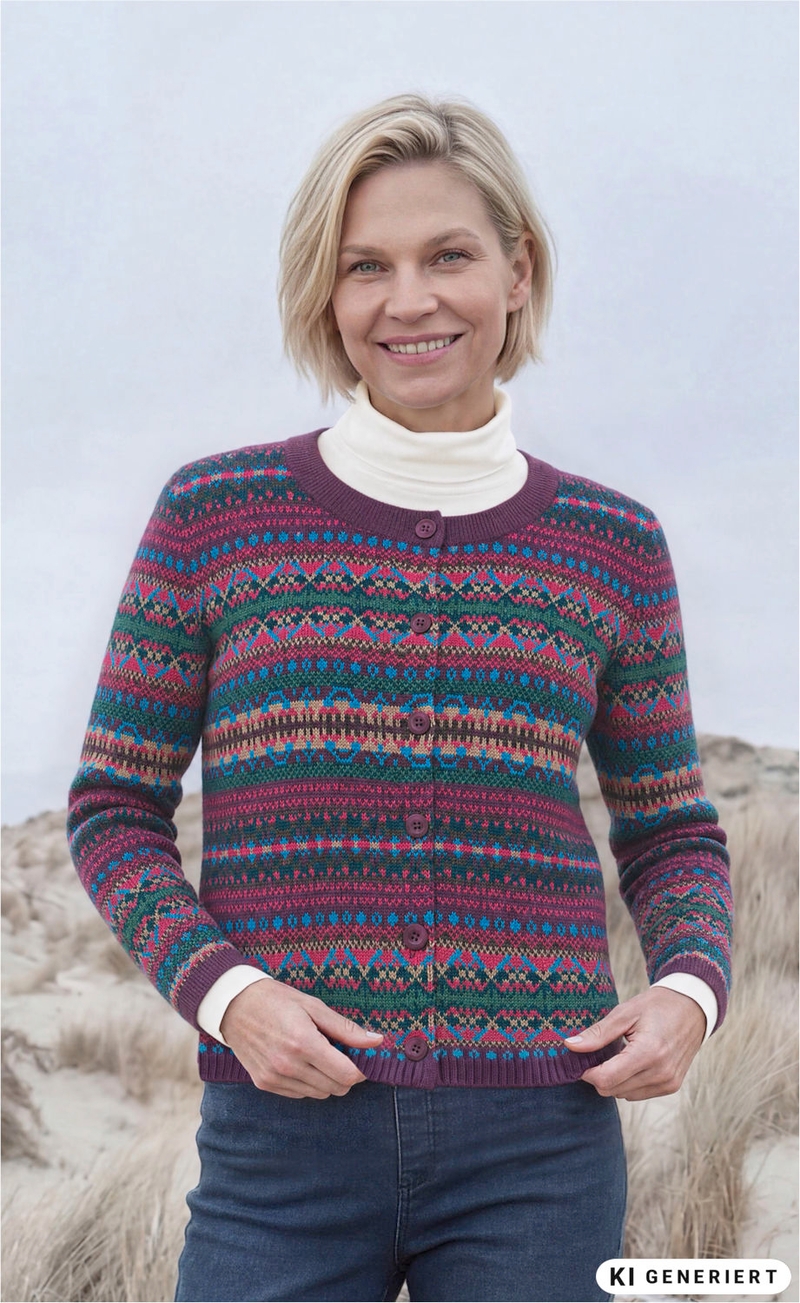 Frau mit kurzem blondem Haar trägt bunte Alpaka-Strickjacke mit geometrischem Muster und violetten Knöpfen, weiße Rollkragenbluse darunter, dunkle Jeans, lächelnd, natürliche Dünenlandschaft im Hintergrund