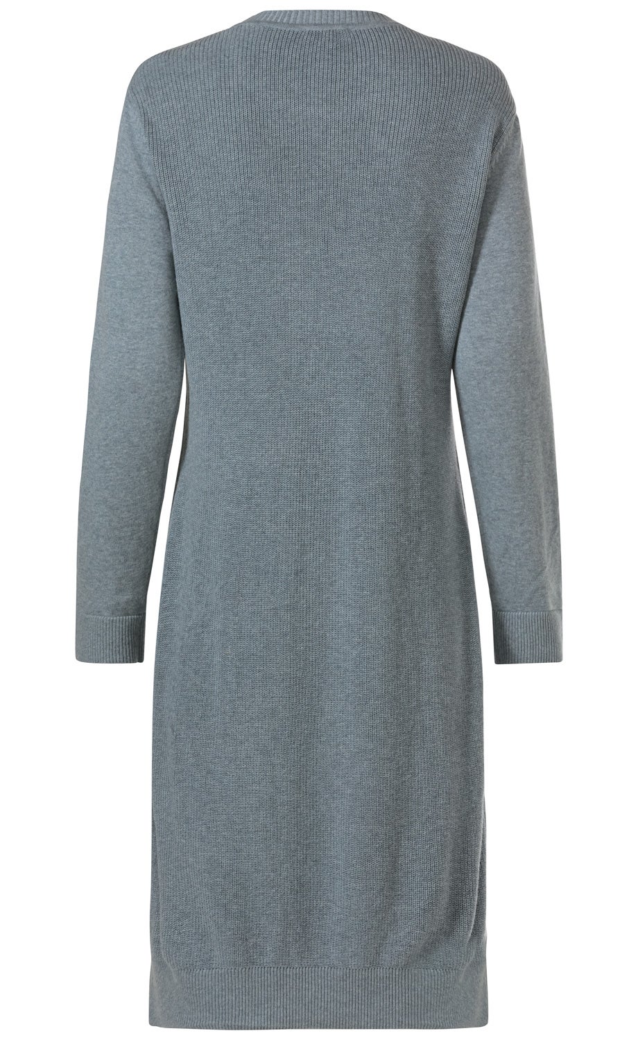 Baumwoll-Mix-Kleid in Grau, Rückansicht, langärmelig, knielang, mit geripptem Saum und Ärmelbündchen, Feinstrickmaterial, lässiger Schnitt