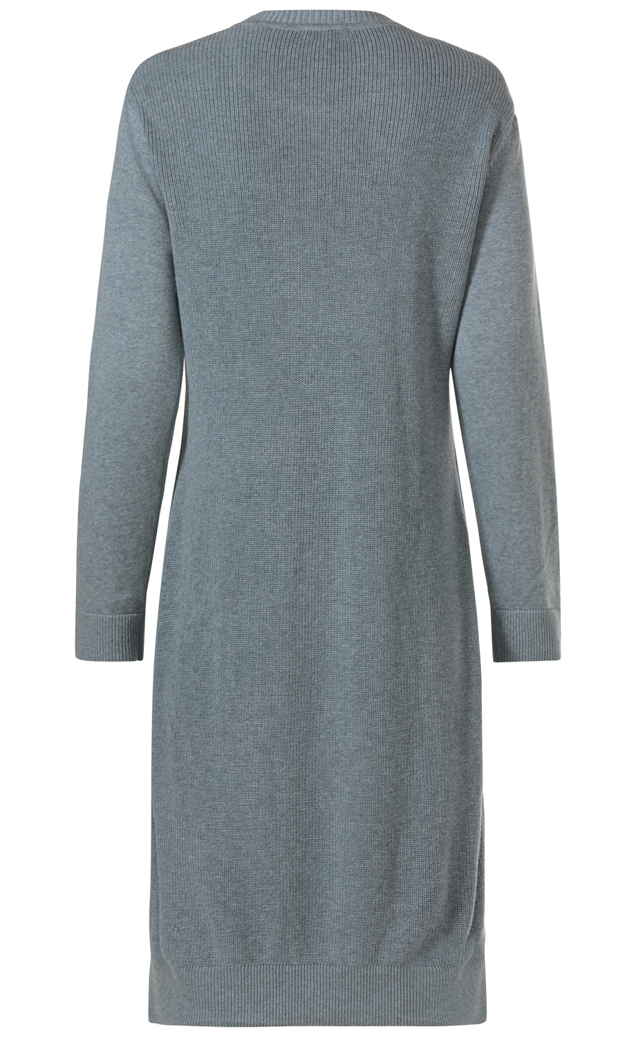 Baumwoll-Mix-Kleid in Grau, Rückansicht, langärmelig, knielang, mit geripptem Saum und Ärmelbündchen, Feinstrickmaterial, lässiger Schnitt