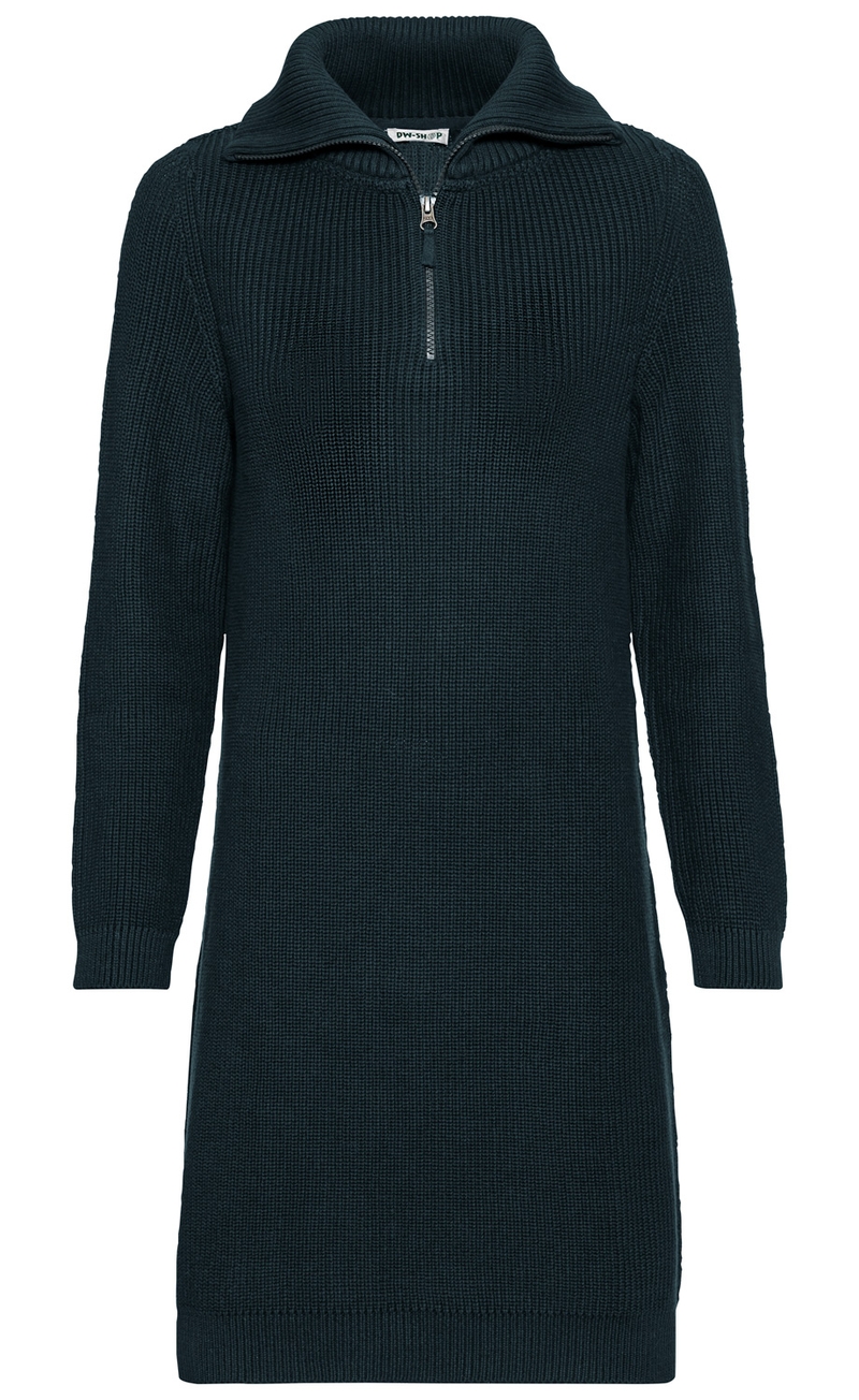 Dunkelblaues, langärmeliges Baumwoll-Kleid mit halb geschlossenem Stehkragen und halbem Front-Reißverschluss, geripptes Strickmuster, knielang, gerade geschnitten