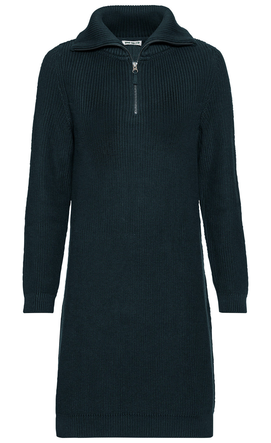 Dunkelblaues, langärmeliges Baumwoll-Kleid mit halb geschlossenem Stehkragen und halbem Front-Reißverschluss, geripptes Strickmuster, knielang, gerade geschnitten