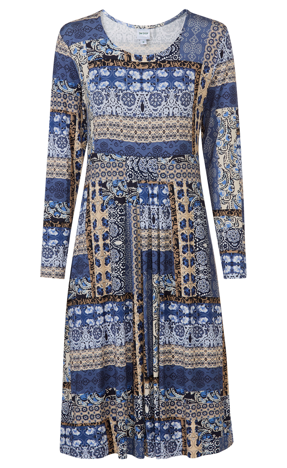 Viskose-Mix-Kleid mit langem Arm, Rundhalsausschnitt, knieumspielender Länge und gemischtem Patchwork-Muster in Blau-, Beige- und Schwarztönen, floral und ornamentartig gestaltet.