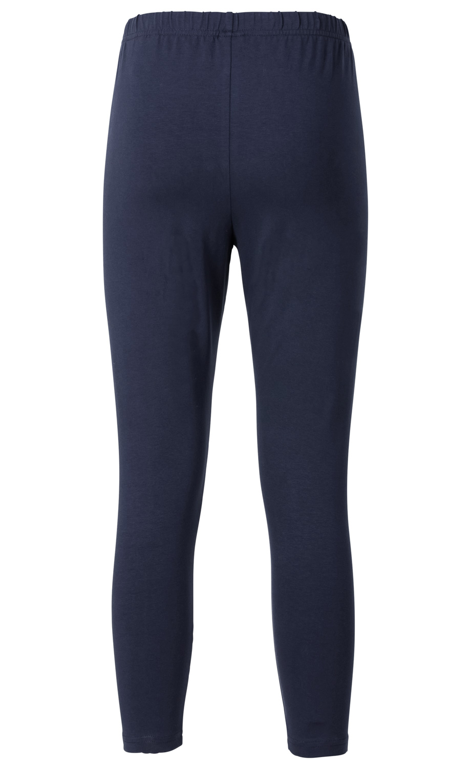 Dunkelblaue Baumwoll-Mix-Leggings in schmaler Passform mit elastischem Bund, Rückansicht, knöchellang, ohne Muster oder Verzierungen, glatter Stoff, schlichtes Design