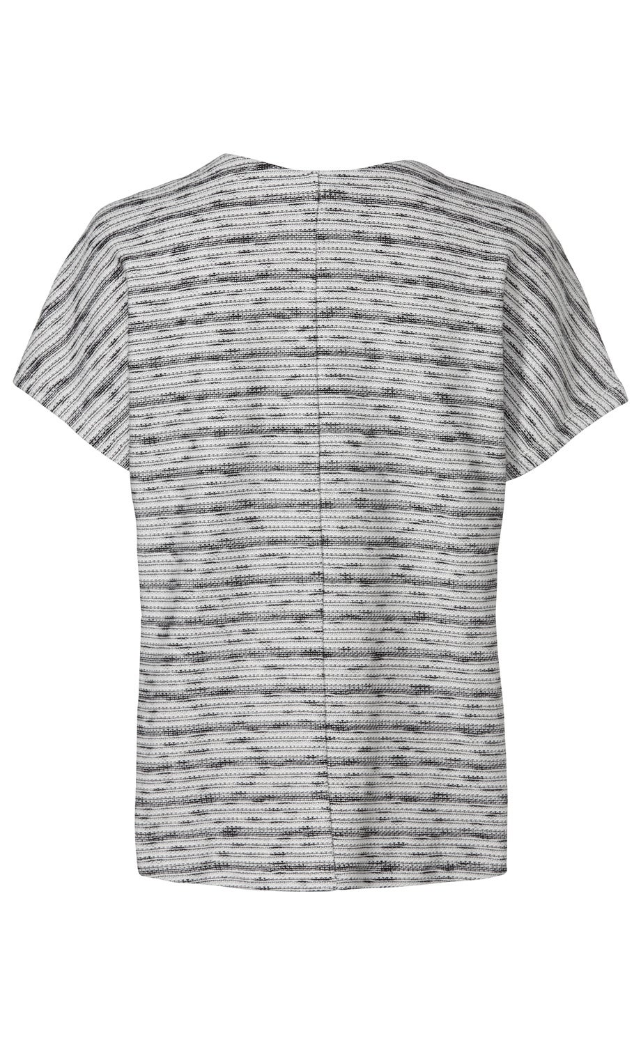 Baumwoll-Pullover, Rückenansicht, kurzärmlig, gerade geschnitten, grau meliert mit feinen schwarzen und weißen Querstreifen, naht in der Mitte, leichter Baumwollstoff
