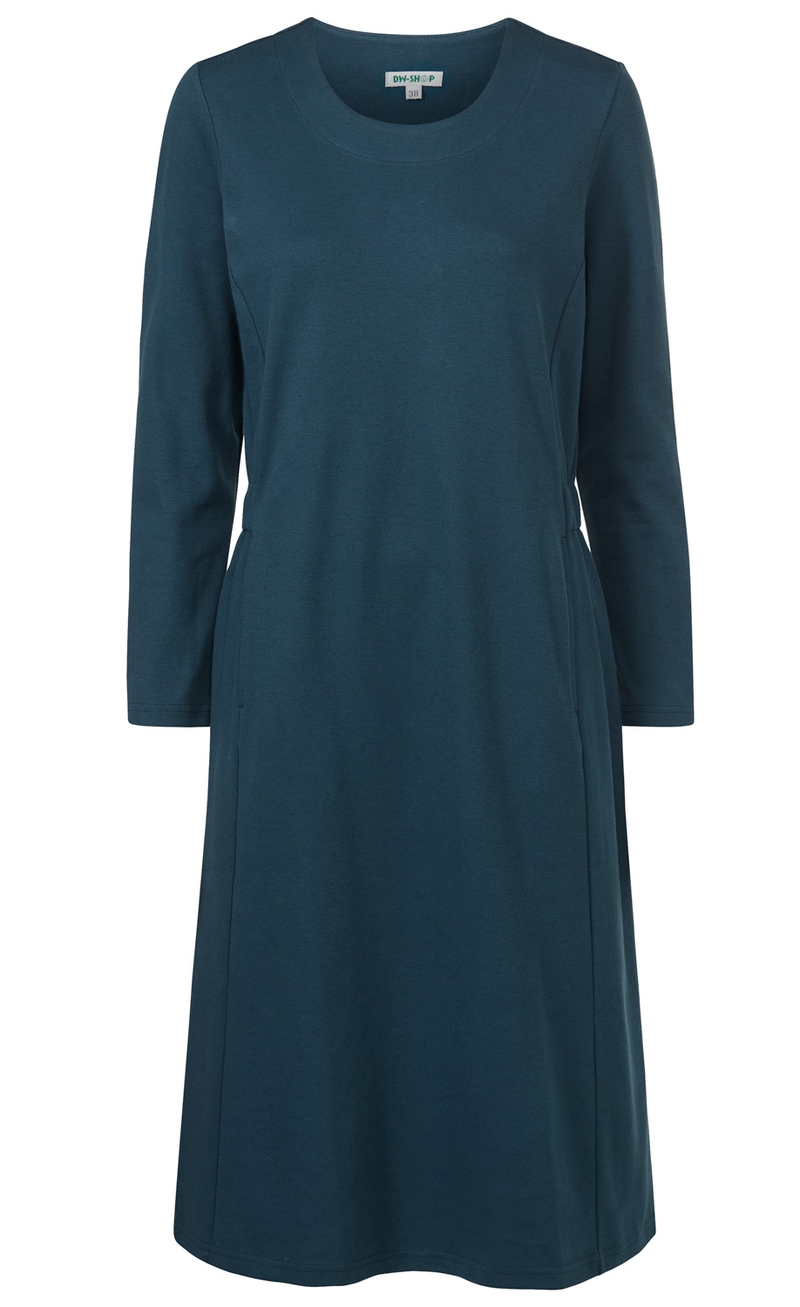 Baumwoll-Kleid in dunklem Petrol, langärmlig, knielang, Rundhalsausschnitt, schlichte A-Linien-Form, ohne Muster oder Verzierungen, Größe 38, glatte Oberfläche, bequem und zeitlos gestaltet