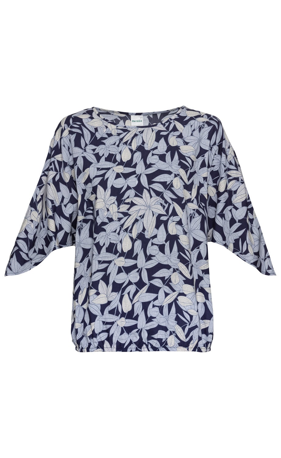 Damen Modal-Bluse in Dunkelblau mit hellblau-beigem floralem Blattmuster, überschnittenen 3/4-Ärmeln und elastischem Saumabschluss