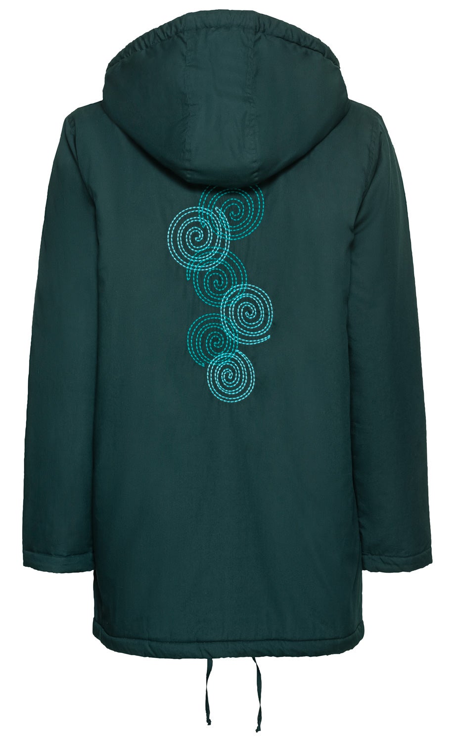 dunkelgrüne Baumwoll-Jacke mit Kapuze, Rückansicht, verziert mit gesticktem Muster aus blauen Spiralen, Kordelzug am Saum, lange Ärmel
