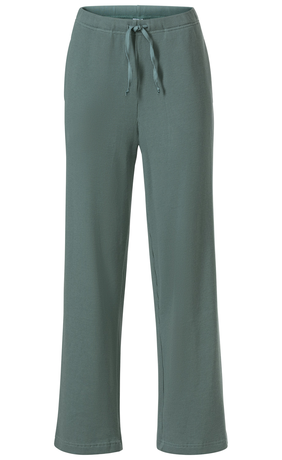 Baumwoll-Hose in gedecktem Grün mit feiner Waffelstruktur, geradem Beinverlauf, elastischem Bund und Tunnelzug mit Bindeband vorne, schlichtes Design, mittellang