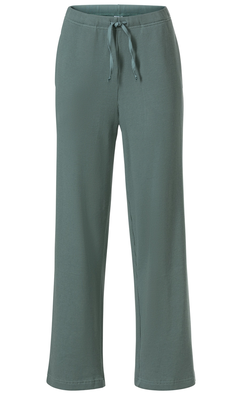 Baumwoll-Hose in gedecktem Grün mit feiner Waffelstruktur, geradem Beinverlauf, elastischem Bund und Tunnelzug mit Bindeband vorne, schlichtes Design, mittellang