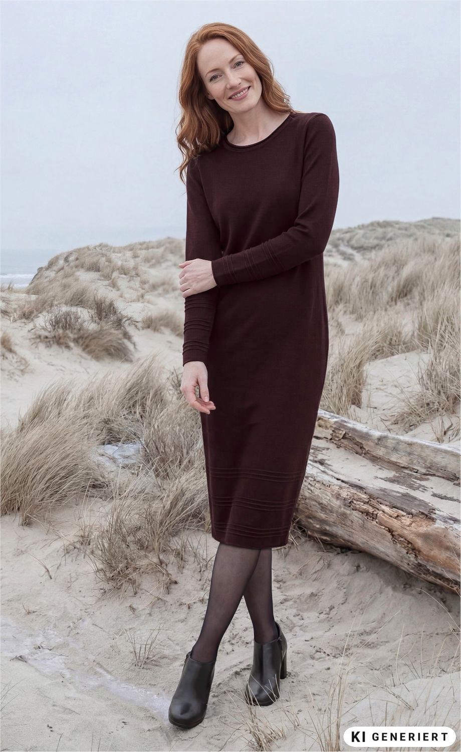 Frau mit roten Haaren trägt ein langärmliges, dunkelrotes Baumwoll-Mix-Kleid, schwarze Strumpfhose und schwarze Stiefeletten, steht lächelnd am sandigen Dünenstrand mit trockenem Gras und Treibholz im Hintergrund