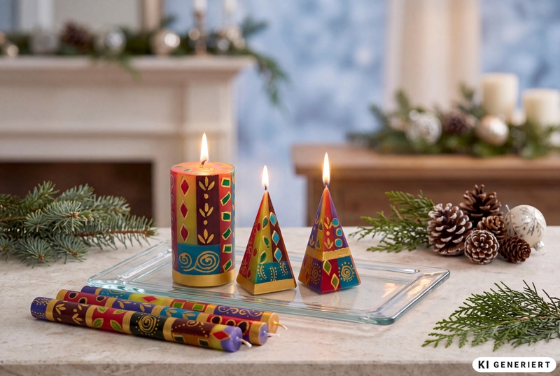 bunte dekorative Kerzen in verschiedenen Formen mit brennenden Dochten auf Glasplatte, Tannenzweige und Zapfen auf steinerner Oberfläche, unscharfer Hintergrund mit Kamin und Weihnachtsdeko