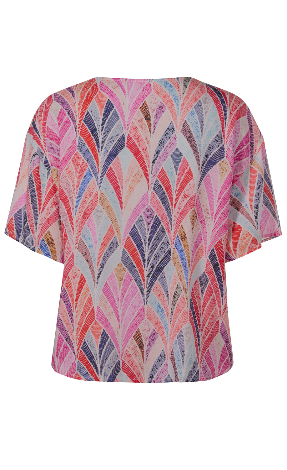 bunte Modal-Bluse mit kurzem, weitem Arm, Rückansicht, gemustert mit rosa, rot, lila, blau und beige abstrakten Blattmotiven auf hellem Grund