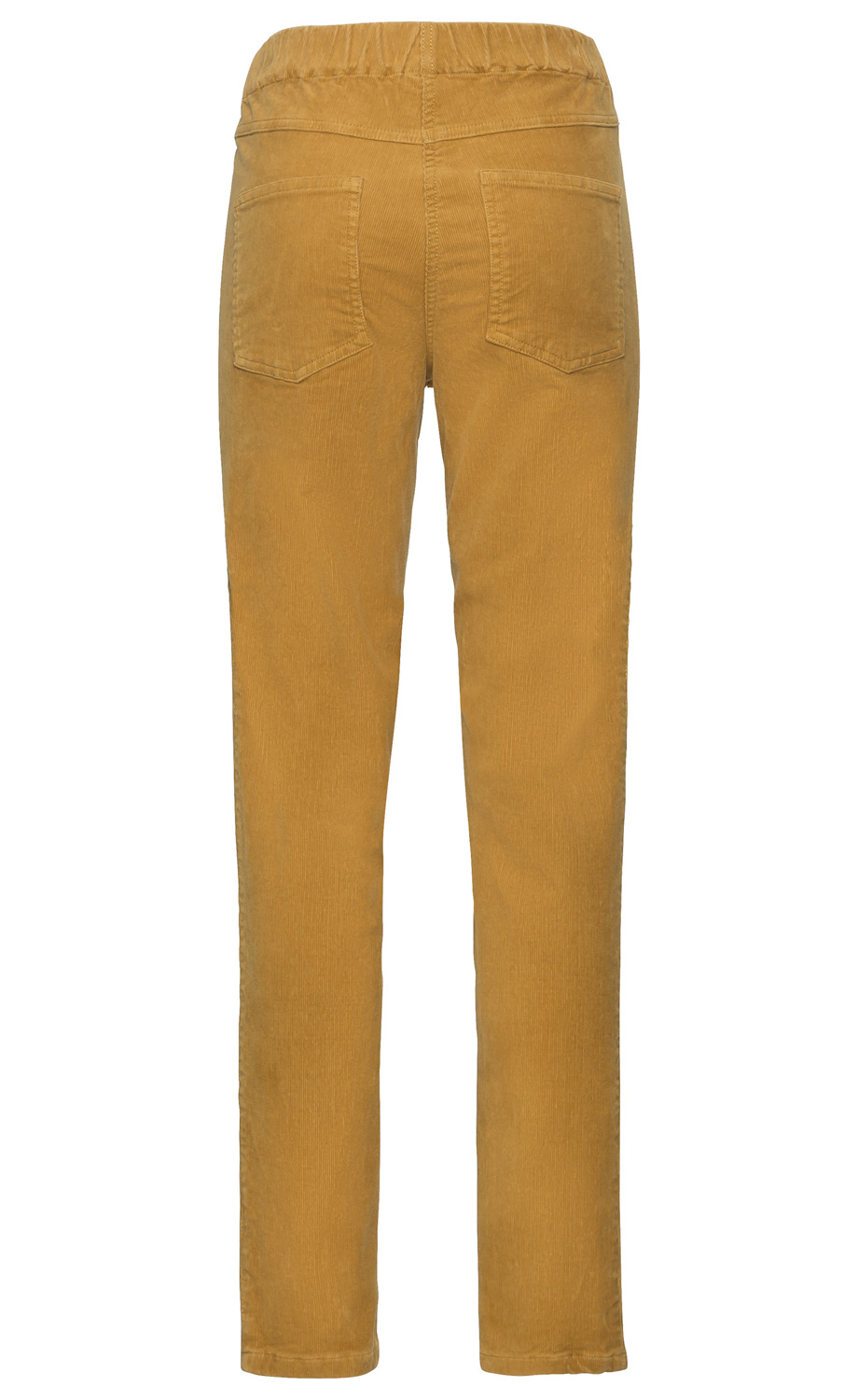 Rückansicht einer senfgelben Baumwoll-Hose mit feiner Cordstruktur, elastischem Bund und zwei aufgesetzten Gesäßtaschen, gerade geschnitten, ohne sichtbaren Verschluss