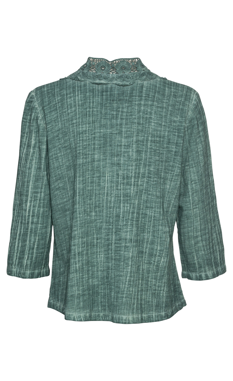 Baumwoll-Jacke in grün mit 3/4-Ärmeln, leicht gemusterter Stoff, Spitzenkragen mit floralem Muster, Rückansicht, locker geschnitten
