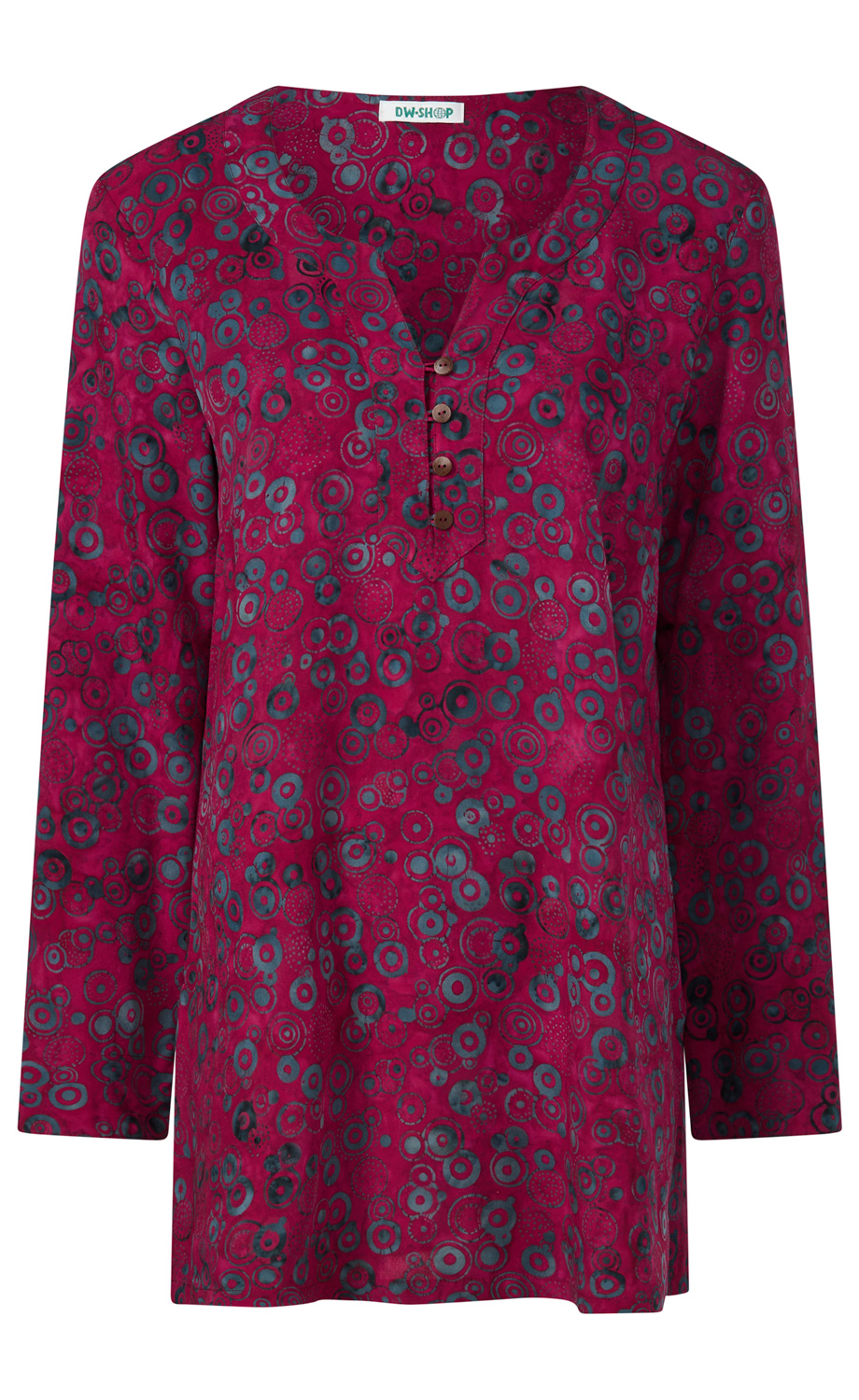 lila Damenbluse mit langem Arm, buntem Kreis-Muster in Blau und Schwarz, V-Ausschnitt mit Knopfleiste aus vier braunen Knöpfen, locker geschnitten