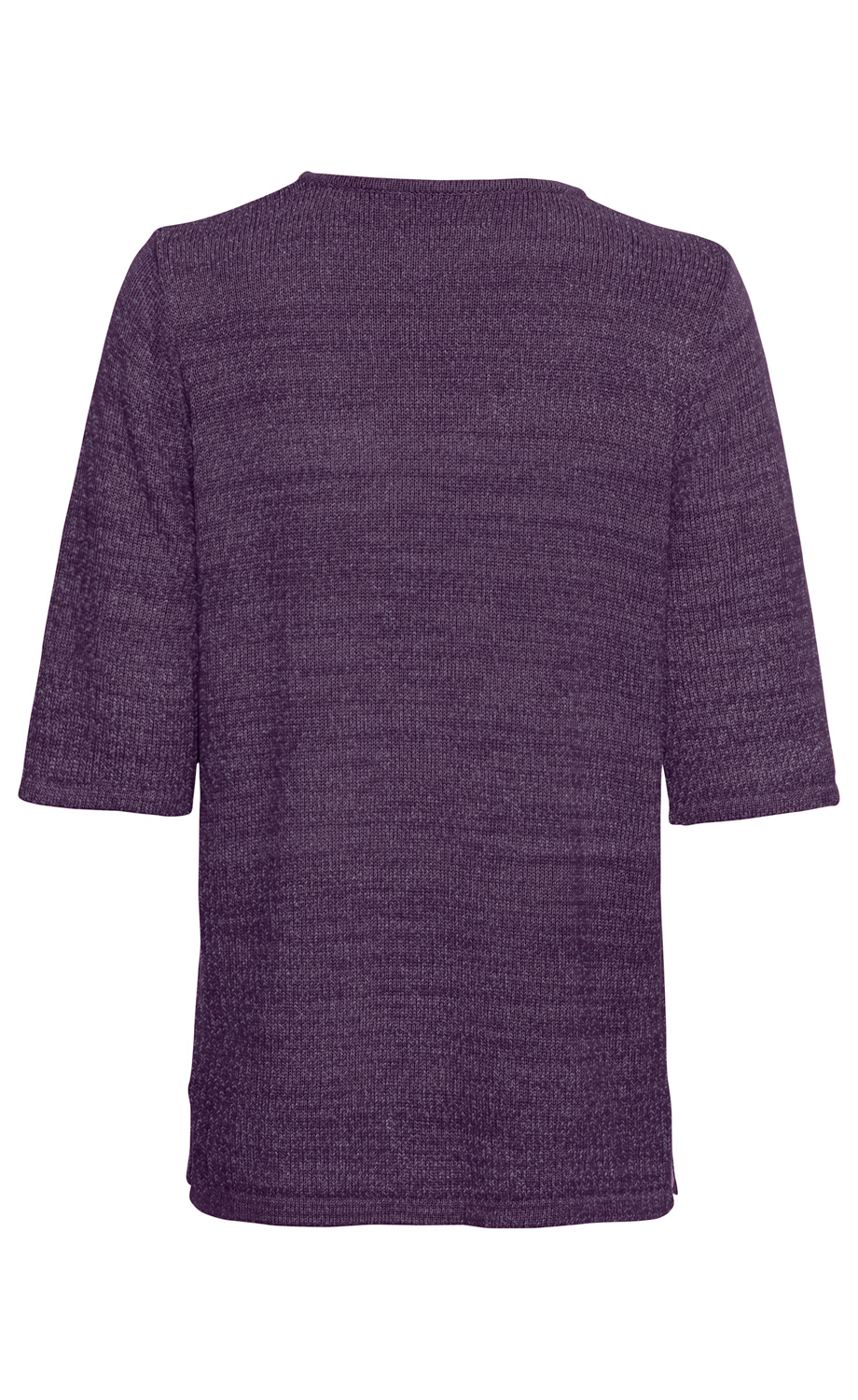 Rückansicht eines violetten Baumwoll-Pullovers mit halblangen Ärmeln und klassischem Rundhalsausschnitt, gestrickt mit feiner, gleichmäßiger Struktur