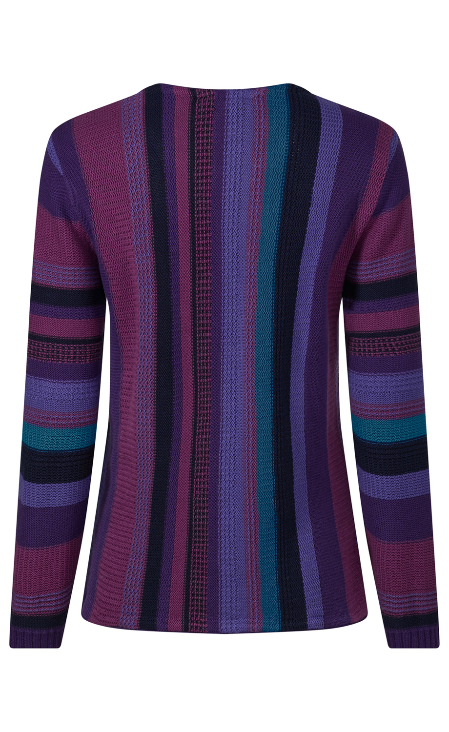 Rückansicht eines langärmligen, gestrickten Pullovers mit vertikalen Streifen in lila, violett, dunkelblau, türkis und bordeaux, strukturiertes Muster, rundhalsausschnitt