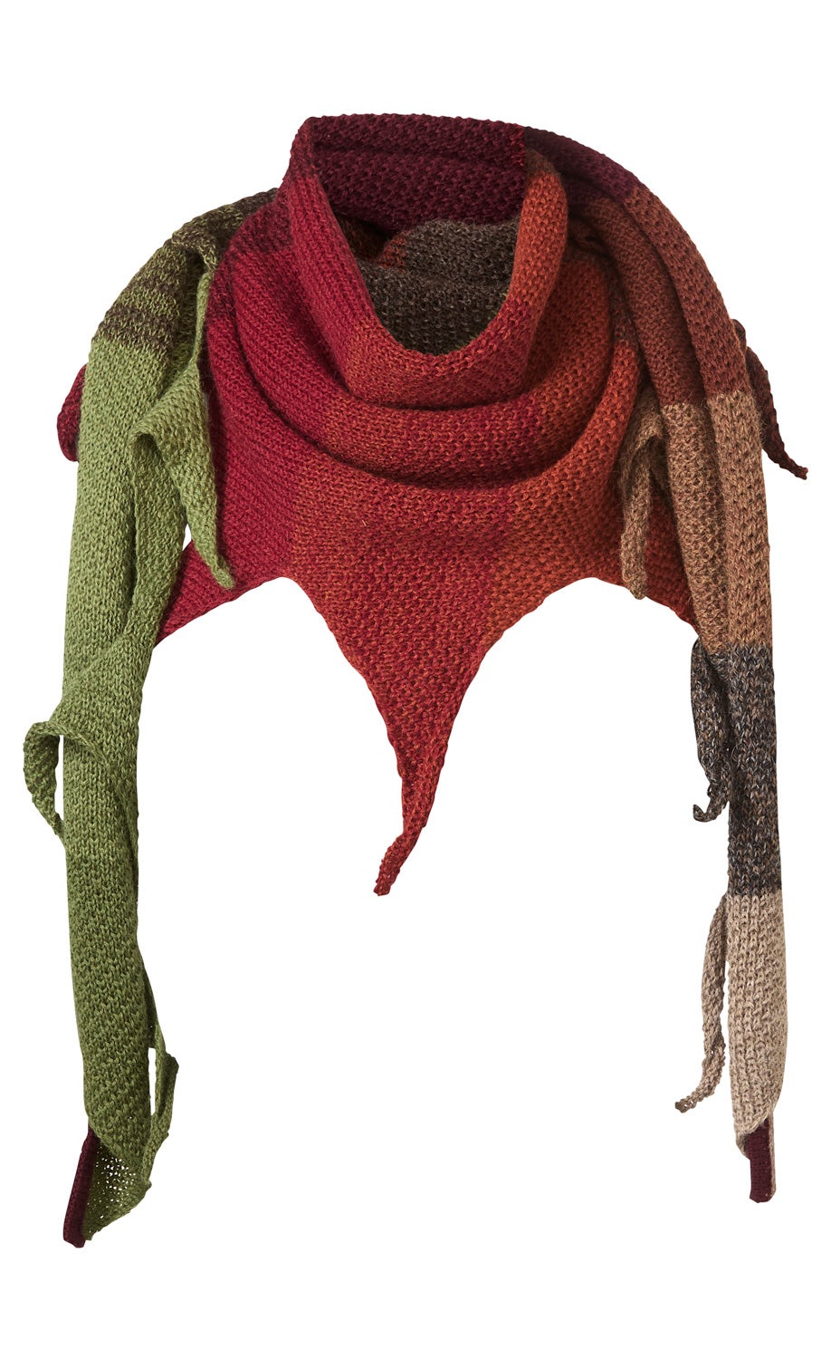 farblich verlaufender Alpaka-Schal in Dreiecksform, gestrickt, mit breiten Streifen in Grün, Rot, Braun und Beige, weiche, grobe Textur, langer Schal für warme Wintermode