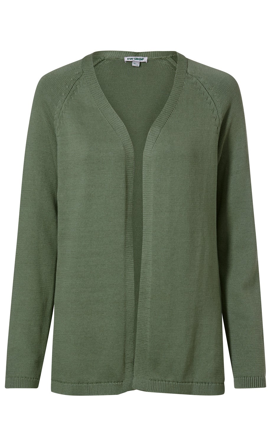 Baumwoll-Strickjacke in Olivgrün, offen geschnitten, mit langem Ärmel, feiner Strickstruktur, Rundhalsausschnitt und gerippten Bündchen an Ärmeln und Saum