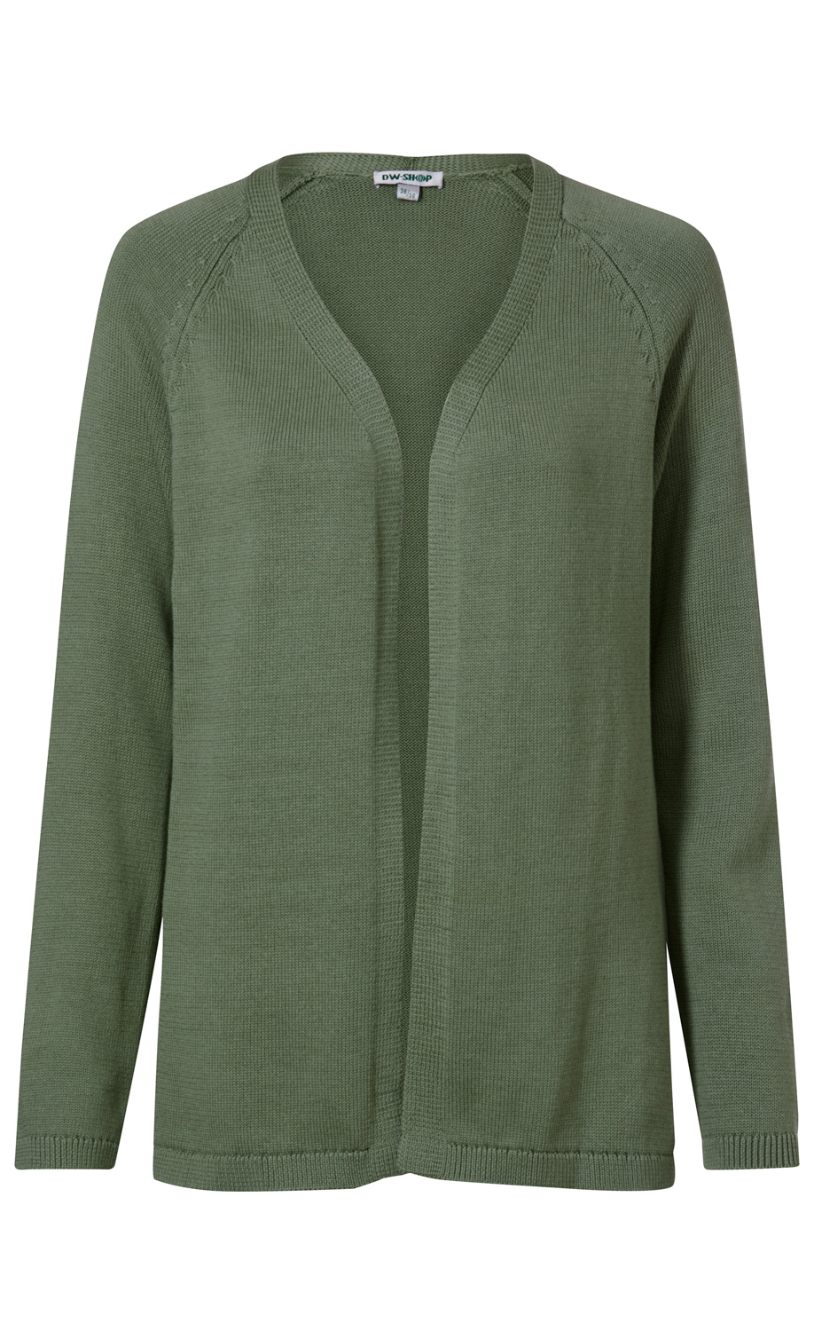 Baumwoll-Strickjacke in Olivgrün, offen geschnitten, mit langem Ärmel, feiner Strickstruktur, Rundhalsausschnitt und gerippten Bündchen an Ärmeln und Saum