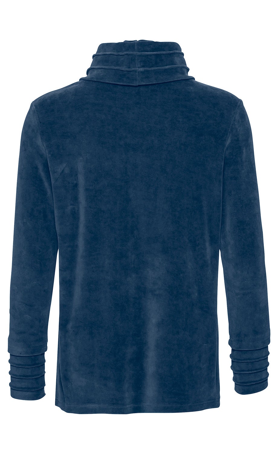 Dunkelblaues Baumwoll-Shirt mit langen Ärmeln, weitem Rollkragen und gerafften Bündchen, Rückansicht, schlicht und ohne Muster, samtige Oberfläche