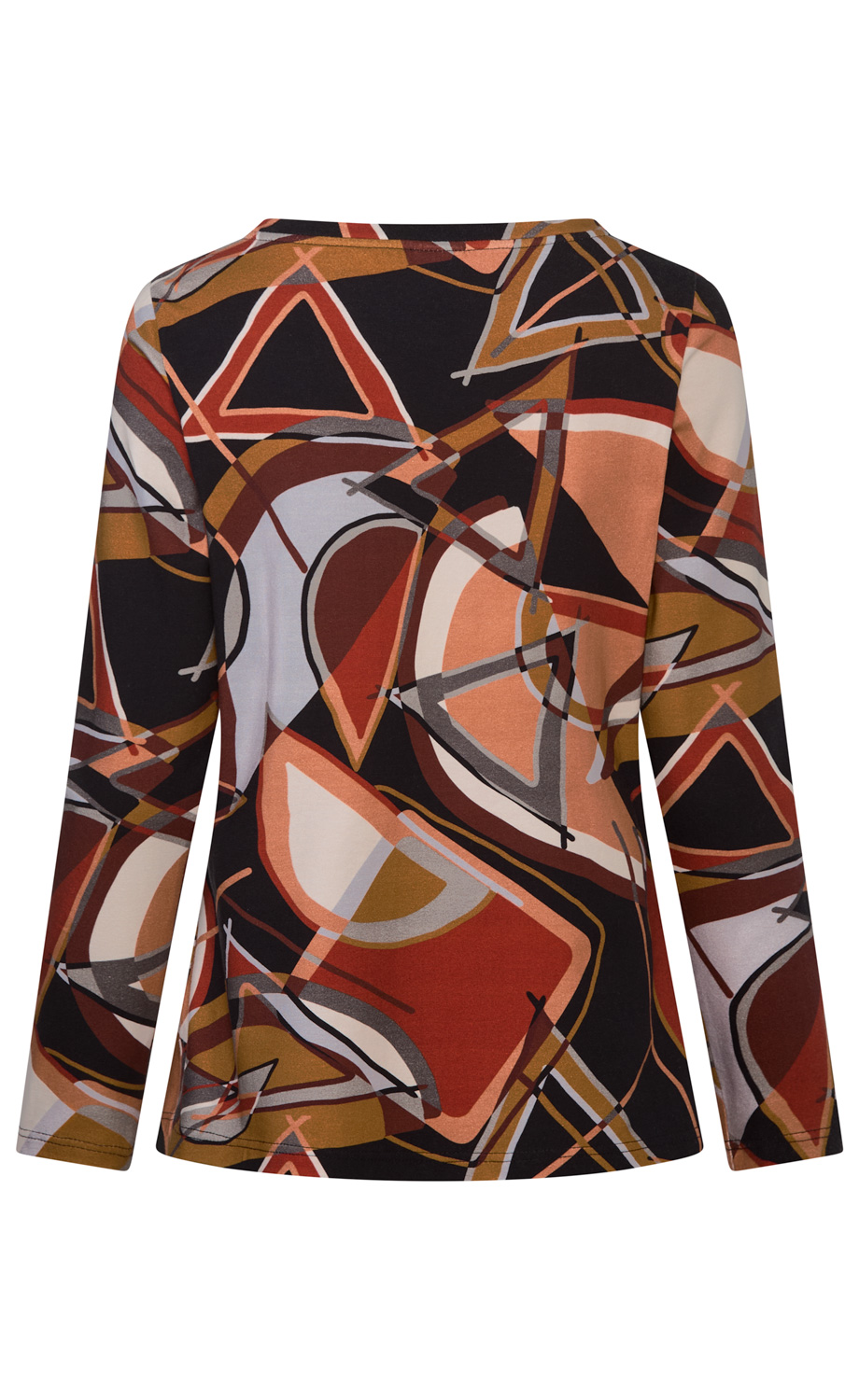 Damen Langarmshirt mit abstraktem Muster aus Dreiecken und Kreisen in Schwarz, Rostrot, Braun, Beige und Grau, Rückansicht, Rundhalsausschnitt, legerer Schnitt