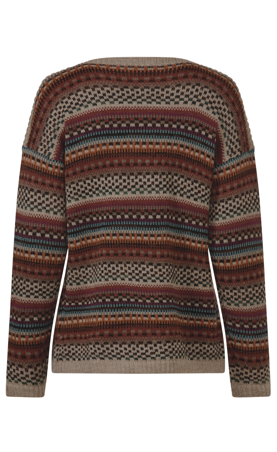 Rückansicht eines mehrfarbigen Alpaka-Pullovers mit langem Arm und gestreiftem, traditionellem Muster in Braun-, Beige-, Blau- und Rottönen