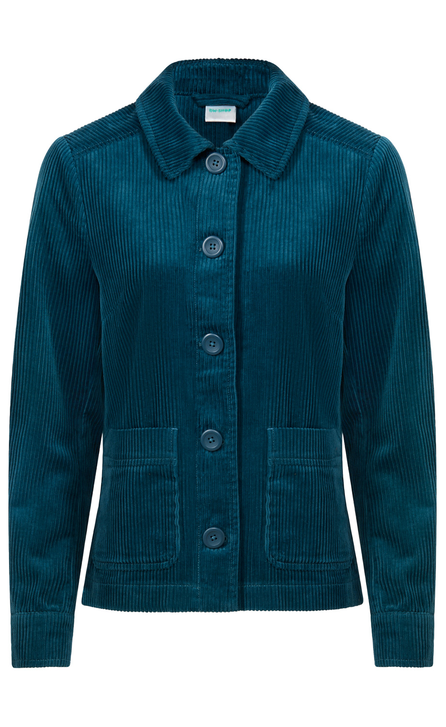 dunkelblaue Cordjacke mit Kragen, langen Ärmeln, vier Knöpfen vorne und zwei aufgesetzten Taschen, eng anliegende Passform