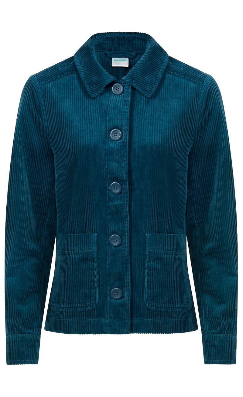 dunkelblaue Cordjacke mit Kragen, langen Ärmeln, vier Knöpfen vorne und zwei aufgesetzten Taschen, eng anliegende Passform
