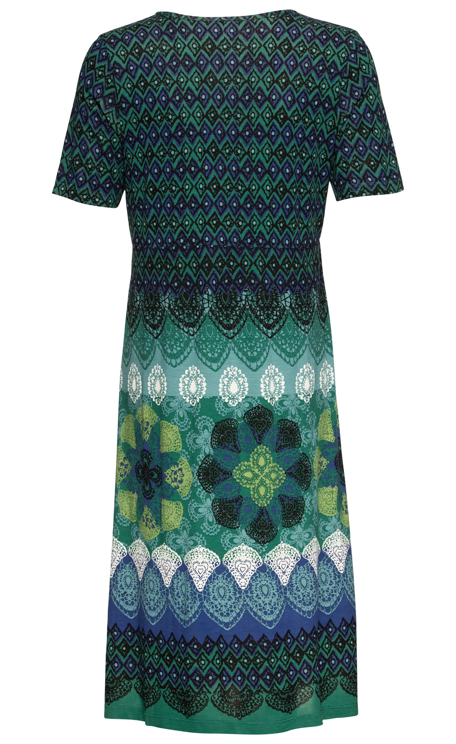 Viskose-Kleid, Rückansicht, kurzärmelig, Muster in Grün, Blau, Schwarz mit geometrischen Formen und floral inspirierten Motiven, leichte Stoffstruktur, mittellang, ausgestellter Saum