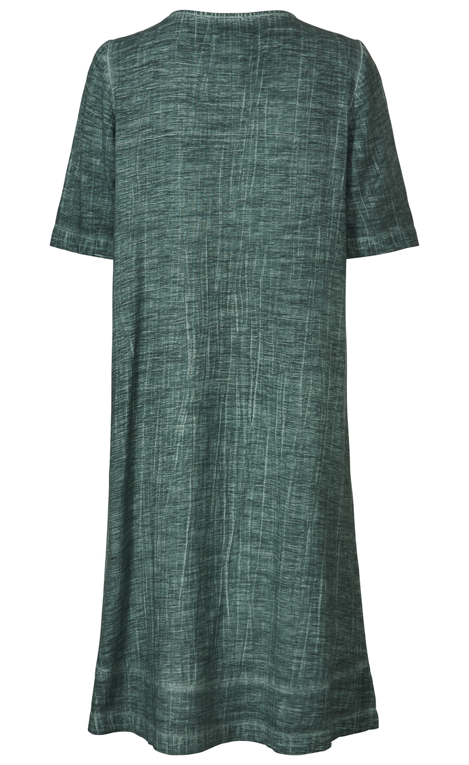 Baumwoll-Kleid in grün-blauem melierten Muster, kurzärmelig, knielang, gerade geschnitten, ohne Muster oder Verzierungen, schlichtes Casual-Design, Rückansicht