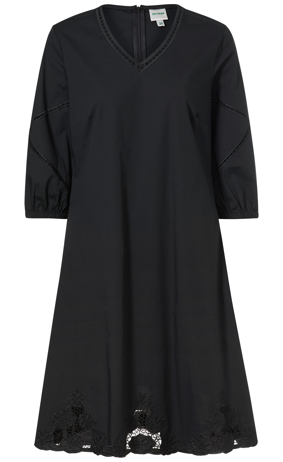 Schwarzes Baumwoll-Mix-Kleid mit V-Ausschnitt, 3/4-langen Ärmeln mit Gummibündchen, feinen Spitzenborten an Ärmelnähten und Saumabschluss, knieumspielende, ausgestellte Passform
