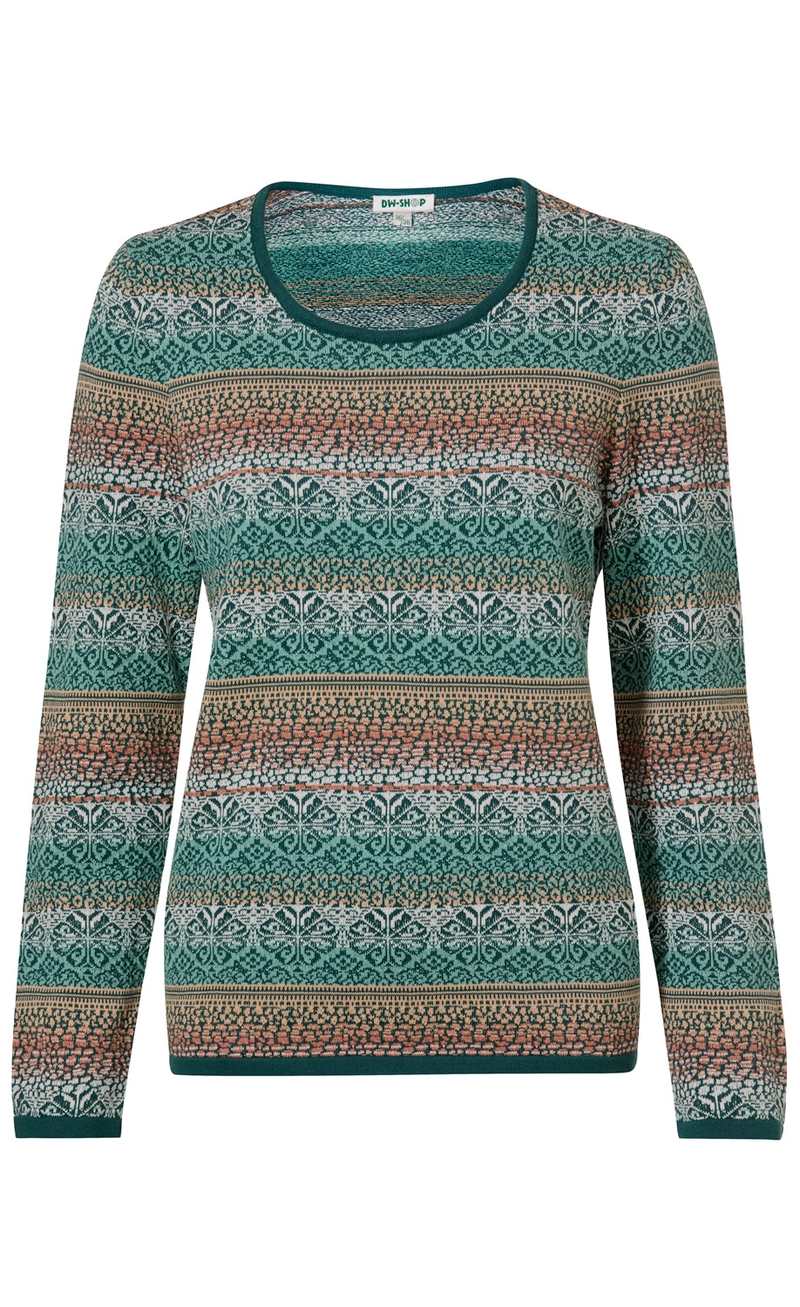 Baumwoll-Pullover mit langem Arm, Rundhalsausschnitt, feinem Strickmuster in Grün, Beige, Weiß und Rost, dekorative horizontale Streifen mit floralen und geometrischen Motiven, elastische Bündchen an Ärmeln und Saum