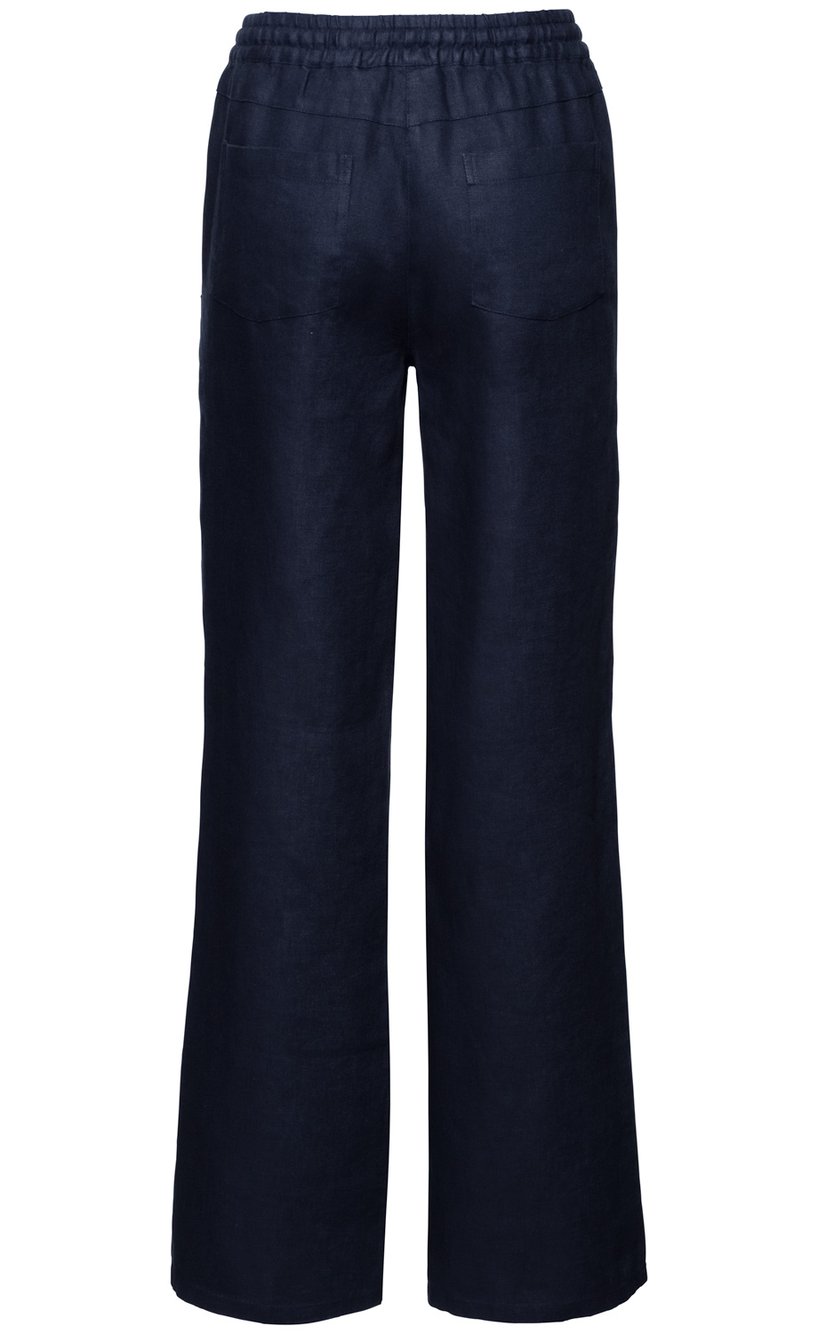 Dunkelblaue Leinen-Hose rückseitig, mit elastischem Bund und zwei aufgesetzten Taschen, gerade geschnitten, lockere Passform, schlichtes Design ohne Muster.