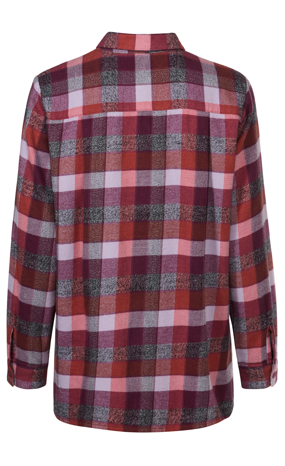Rückansicht einer langärmligen Baumwoll-Bluse mit kariertem Muster in Rot-, Rosa-, Weinrot- und Grautönen, mit Hemdkragen und Manschetten am Ärmelabschluss.